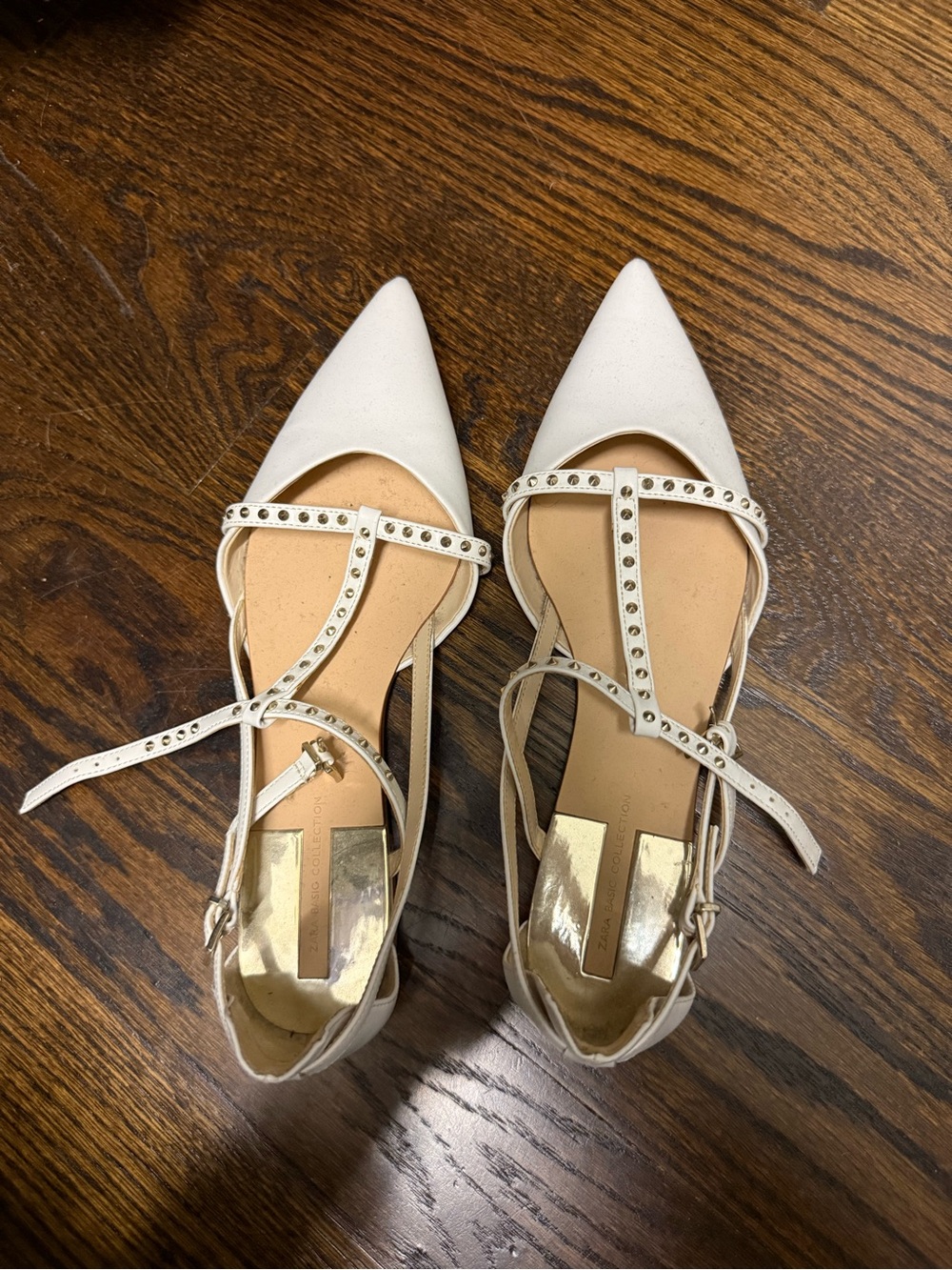 Zara Studded Pointed-Toe T-Strap Flats in White